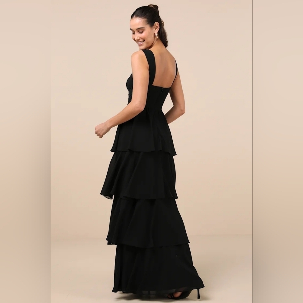 Lulus Carlynda Black Tiered Bustier Maxi Dress L Wedding Party Feminine NWT - Picture 5 of 10